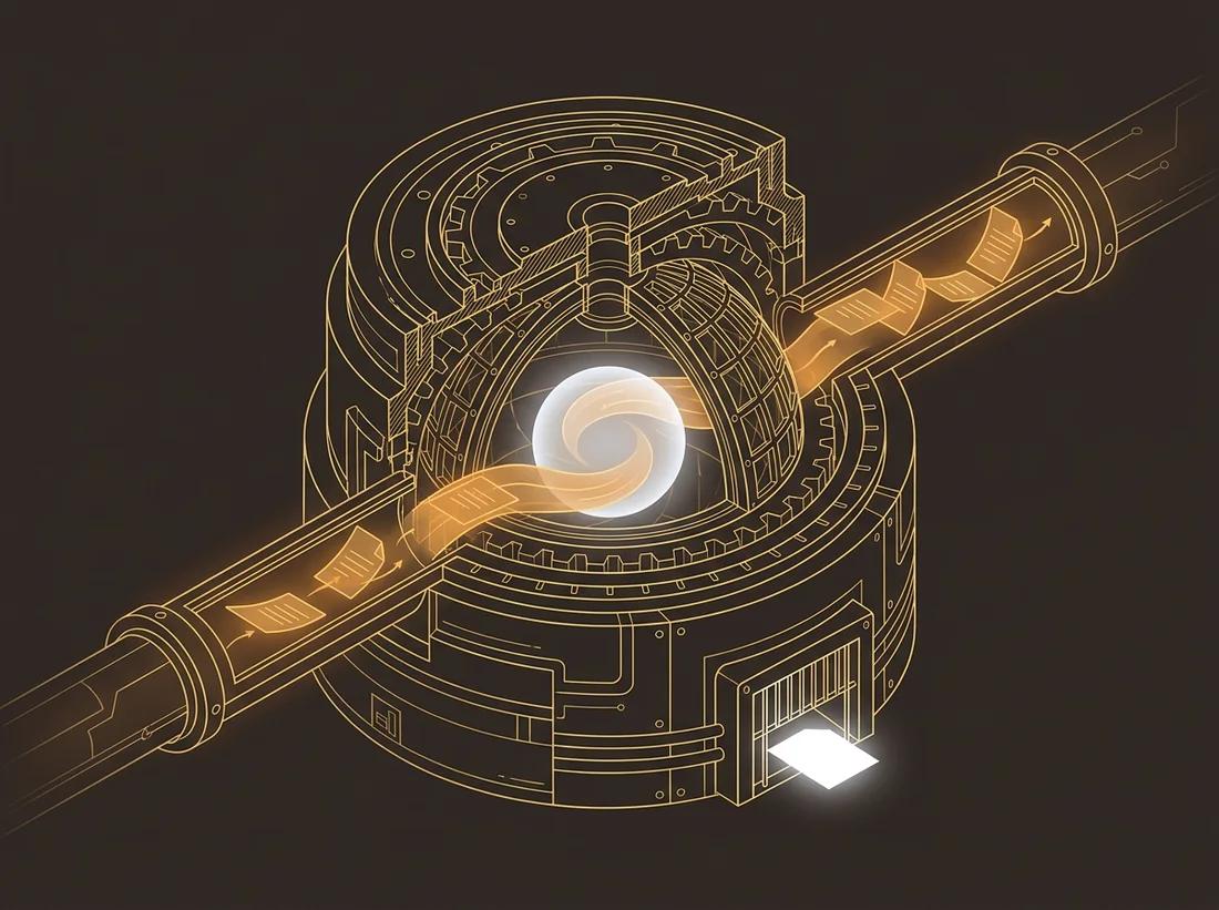 Cross-section of the sealed chamber: two channels feed in from either side, meet in a neutral core, and one gated exit passes a single page out.